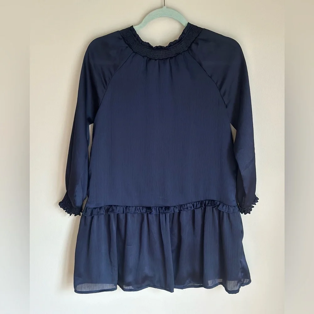Hayden Girls Smocked Satin Dress Navy Size Large Tie Neck Long Sleeve